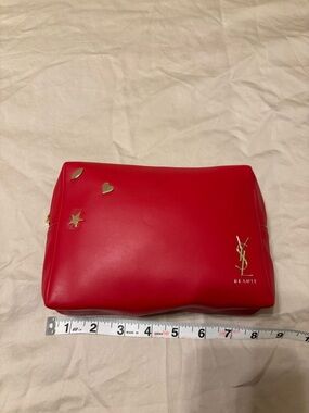 YSL Beauté Red Cosmetic Bag Gold Logo Makeup Pouch Travel Case